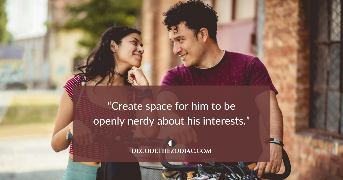 Man and woman walking with a bicycle and smiling with a quote about listening to a Cancer man if you want him to be attracted to you