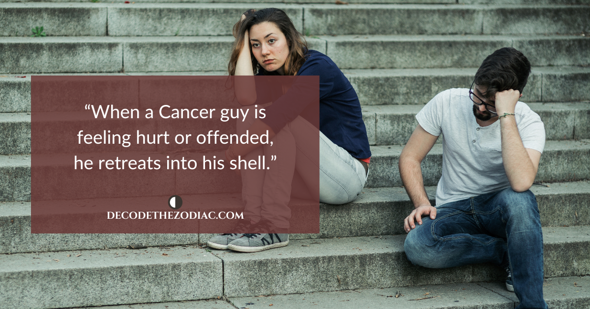 Couple in an argument on a staircase and a quote that talks about a Cancer man retreating into his shell when he's hurt