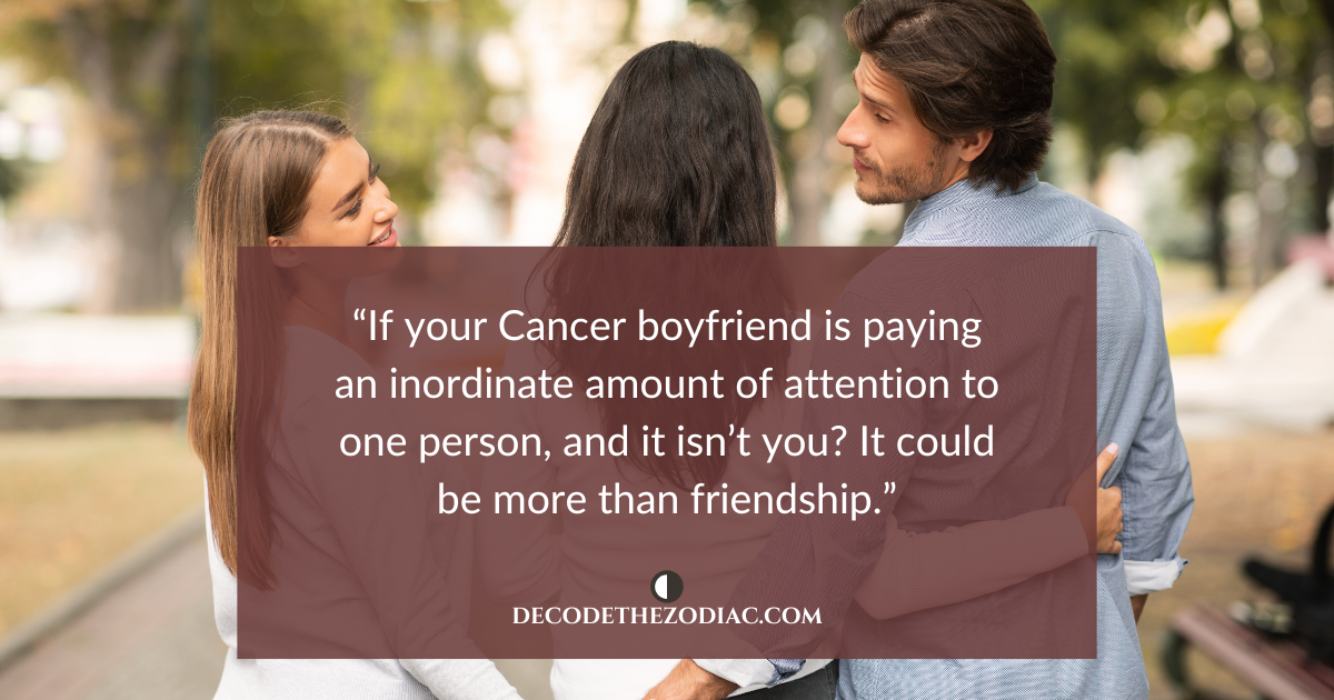 Man holding a woman's hand behind his girlfriends back with a quote about how Cancer men give a lot of attention to someone they're cheating with