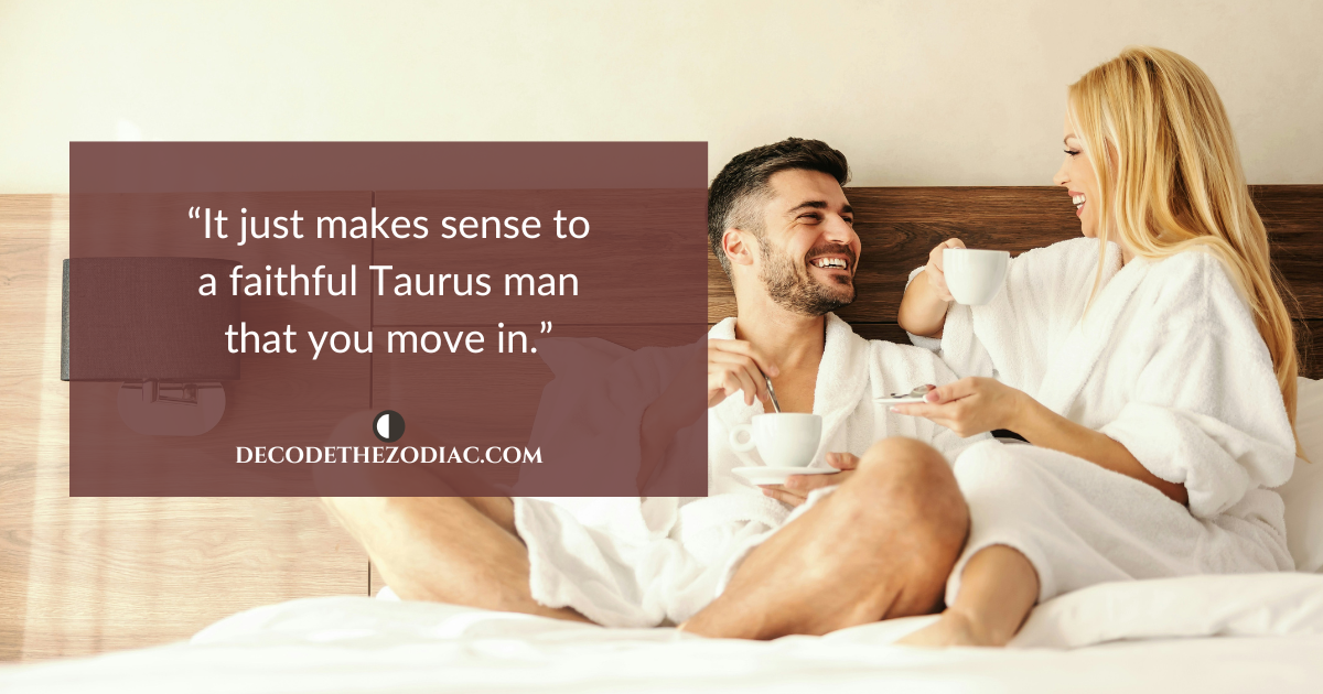 Couple sitting on a bed laughing and talking with a quote about a Taurus man wanting to move in together if he's serious about you