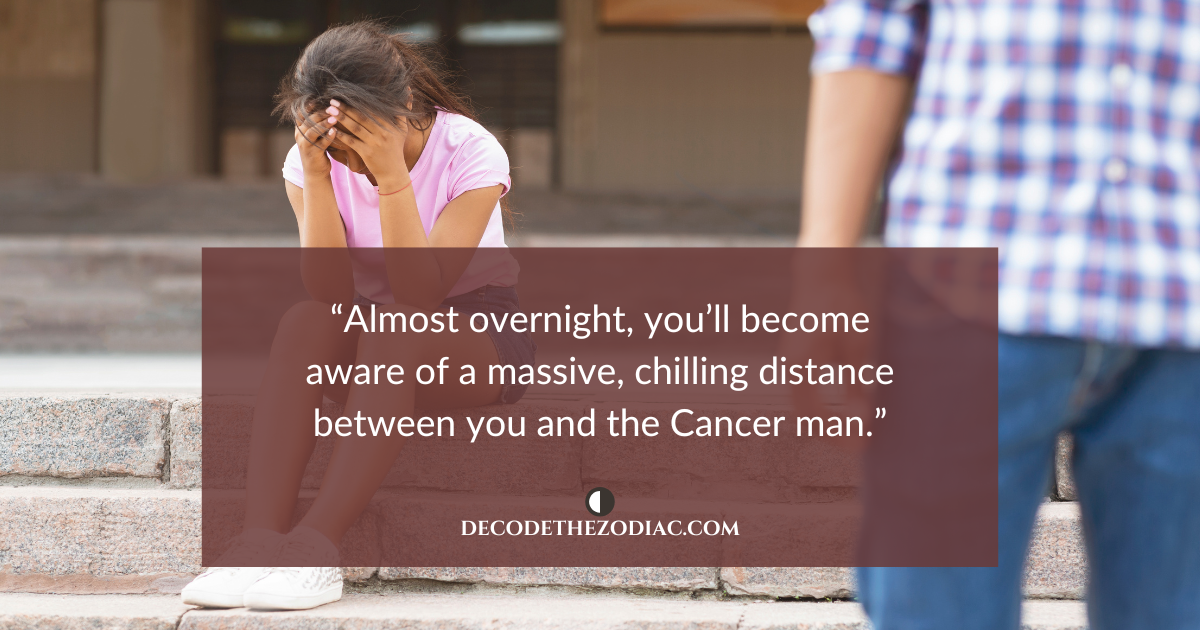 Woman crying on a step as a man walks away with a quote about Cancer men distancing themselves when they want to break up