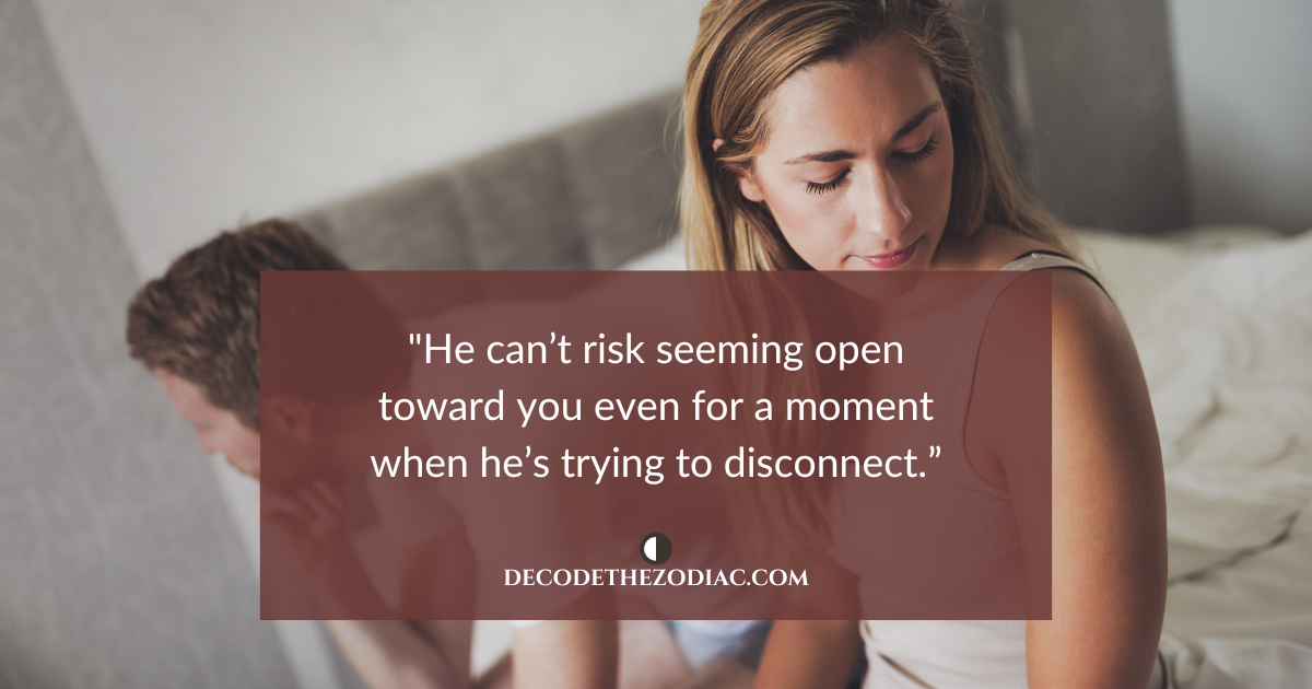 Woman and man sitting apart on a bed with a quote about Cancer Men showing closed off body language when they want to end a relationship