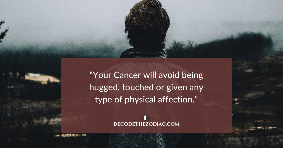 Man standing with his back to the camera with a quote saying Cancer males avoid affection when they want to break up with you