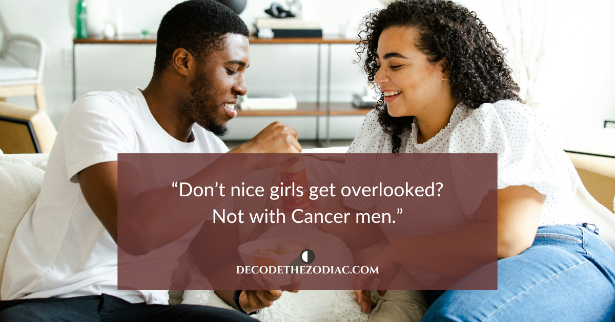 Boyfriend and girlfriend sharing food on a couch with advice about being nice to a Cancer man to make him obsessed with you